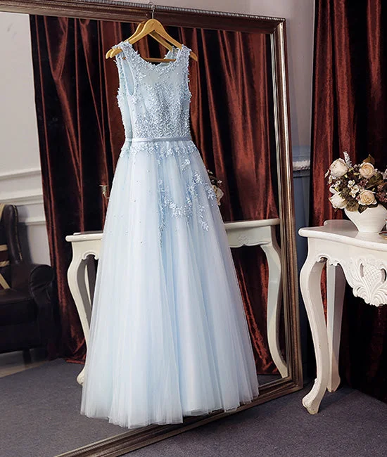 Light blue round neck lace tulle long prom dress blue evening dress Off-the-shoulder Bohemian Festive