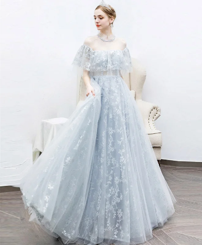 Aline Gray Tulle Lace Long Prom Dress, Gray Tulle Lace Evening Dress Tunics Versatile functional