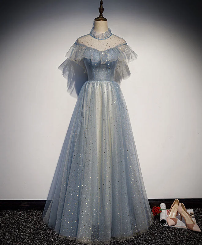 Light Gray Blue Tulle Lace Long Prom Dress, Gray Blue Tulle Evening Dress Tunics Print Colorful