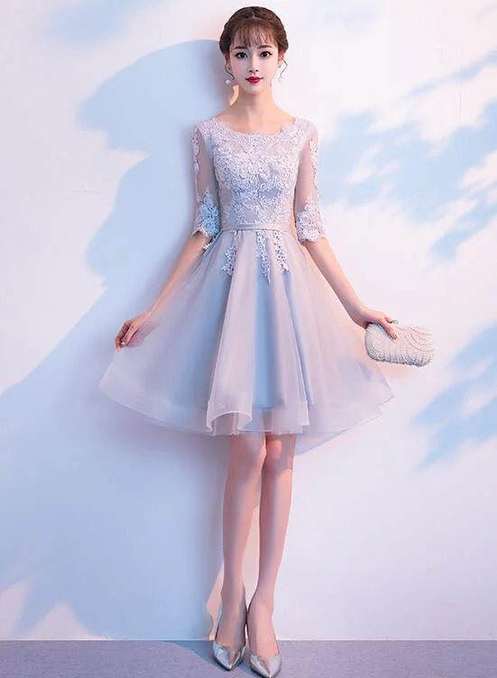 Light Grey Short Sleeves Tulle with Lace Party Dress, Bridesmaid Dress Tunics Stylish modern