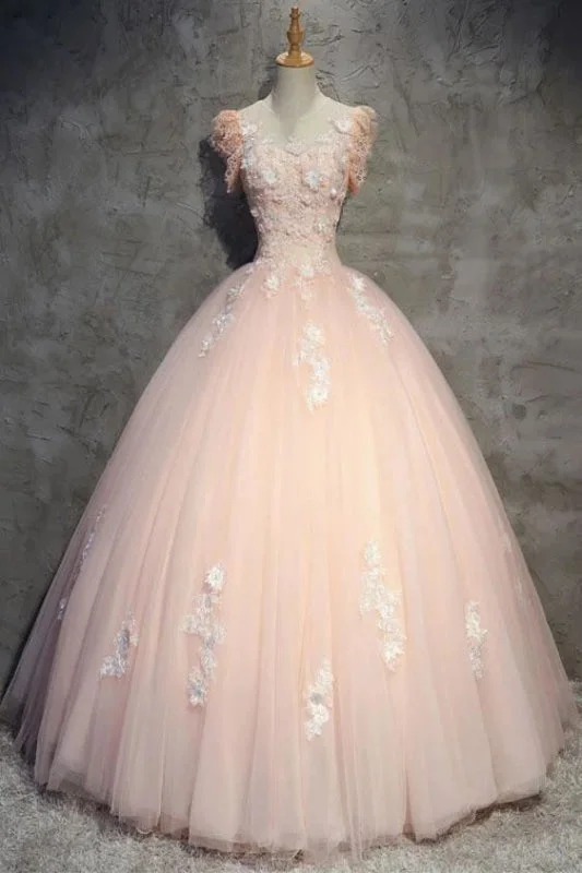 Light Peach Tulle Long Prom with Flowers Princess Ball Gown Sheer Neck Party Dress Tunics New arrival