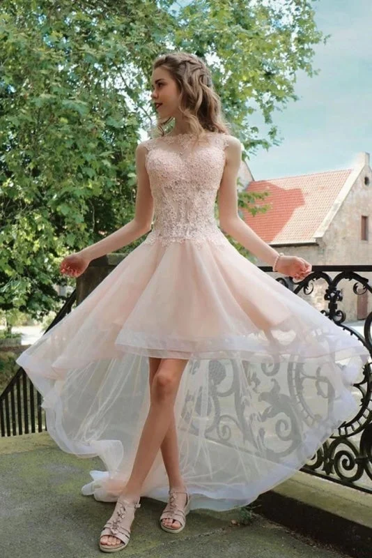 Light Pink High Low Sleeveless Tulle Prom Dress with Lace Cute Hi Lo Party Dresses Tunics Winter warm