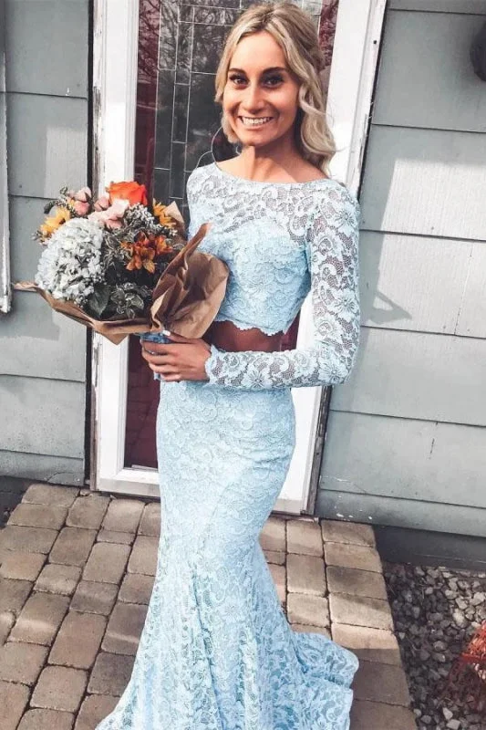 Light Sky Blue Sleeves Mermaid Two Piece Prom Dresses Lace Evening Dress Tunics Winter warm