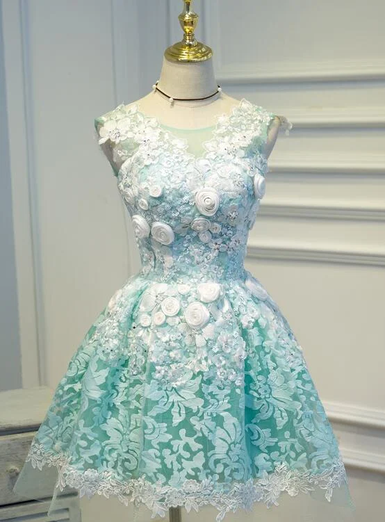 Lovely Green Lace with Floral Party Dress, Cute Short Prom Dress Tunics Exclusive limited