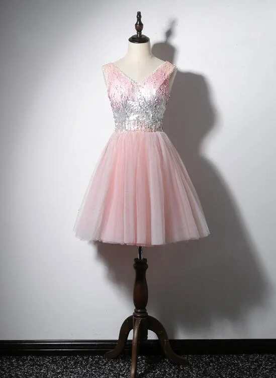 Lovely Pink V-neckline Tulle and Sequins Party Dress, Pink Prom Dress Tunics Leisure comfortable