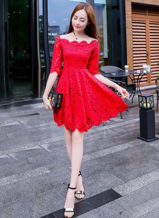 Lovely Red Lace Short Sleeves Party Dress, Chic Red Off Shoulder Homecoming Dress Tunics Luxurious premium