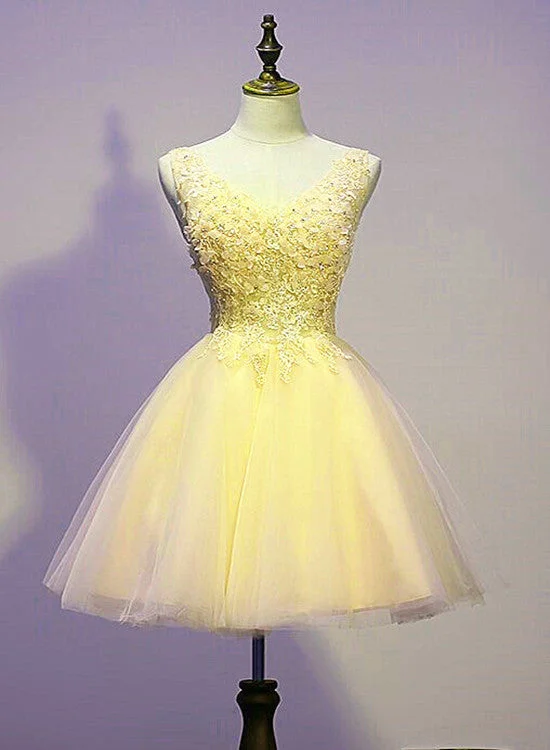 Lovely Tulle Yellow V-neckline Short Party Dress with Applique, Short Prom Dress Tunics Trendy modern