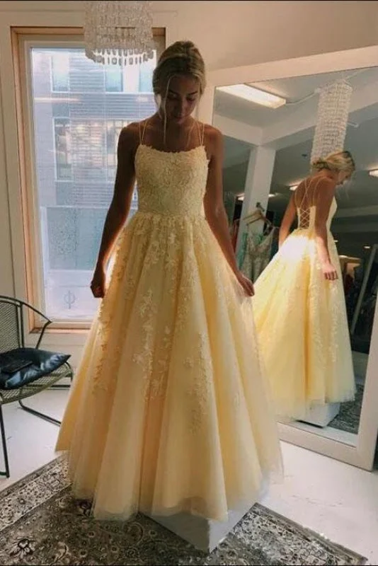 Marvelous Glorious Attractive Yellow Puffy Spaghetti Straps Floor Length Prom with Appliques Long Evening Dress Tunics Sale discount