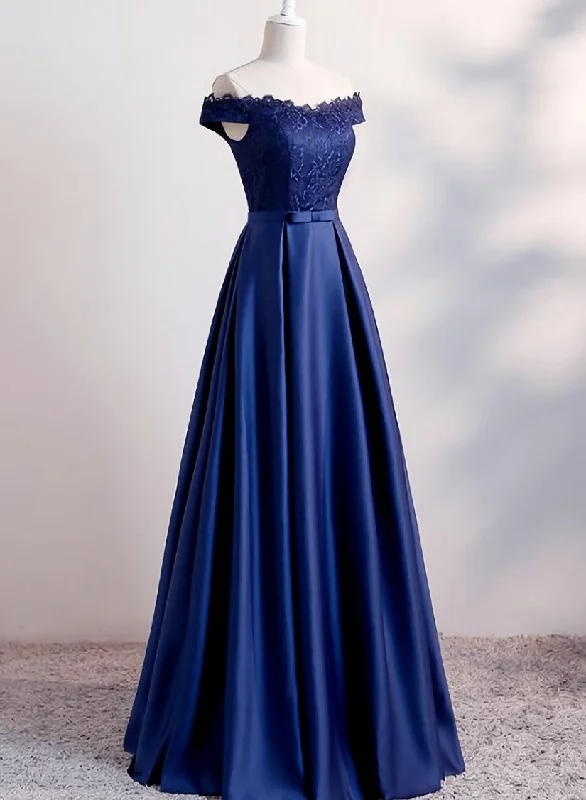 Navy Blue Satin Long Party Dress , Long Bridesmaid Dresses Tunics Trendy modern