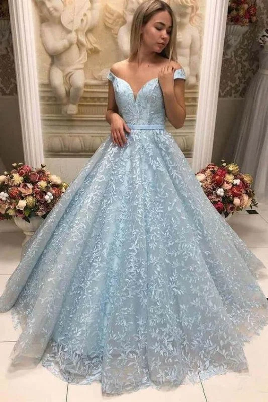 New Arrival Light Blue Lace Puffy Off Shoulder Prom Dresses Formal Evening Dress Tunics Chic fashionable