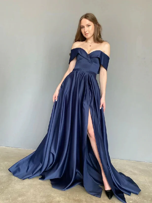 Off Shoulder Blue Satin Long Prom Dresses with High Slit, Long Blue Formal Graduation Evening Dresses Tunics Velvet soft