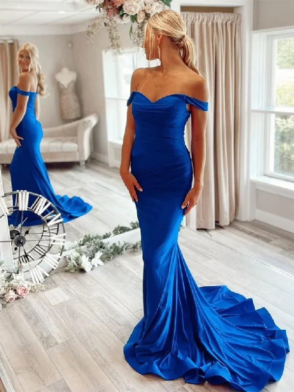 Off Shoulder Mermaid Blue Long Prom Dresses, Mermaid Blue Formal Dresses, Blue Evening Dresses empire Waist empire