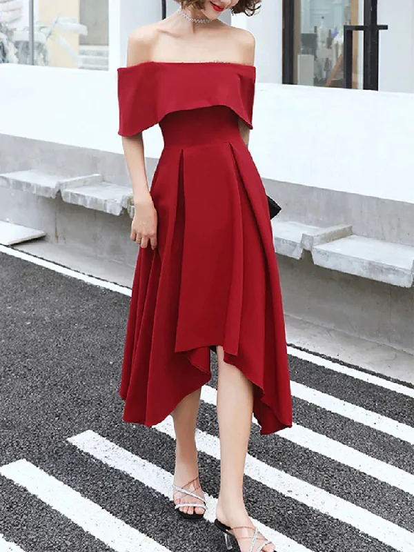 Off The Shoulder High Low Burgundy Tea Length Prom Dresses, Off Shoulder Burgundy Satin Formal Graduation Evening Dresses, Burgundy Homecoming Dresses Tunics Short Trendy