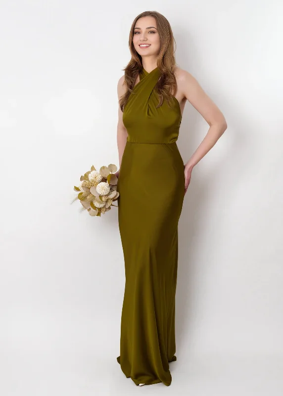 Olive Silk Long Halter Open Back Bridesmaid Dress Wedding Guest Dress Evening Dress Tunics Occasion special Olive Silk Long Halter Open Back Bridesmaid Dress Wedding Guest Dress Evening Dress Tunics Occasion special