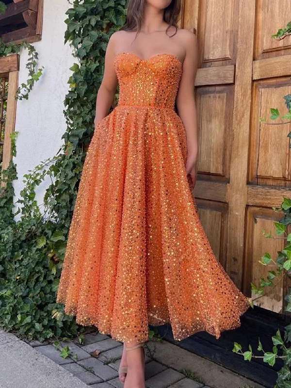 Orange Sweetheart Neck Sequin Tea Length Prom Dress, Sequin Formal Evening Dress High-Low Hemline Casual