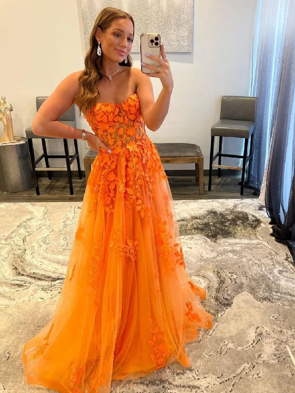 Orange tulle lace long prom dress, orange tulle formal evening dress Boatneck Modish Everyday