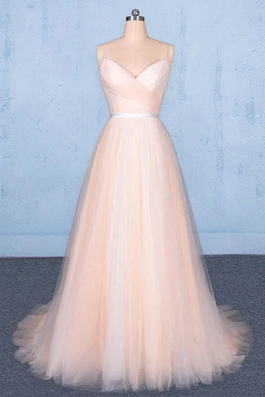 Peach V Neck Sleeveless A Line Prom Dresses Straps Tulle Evening Dress Tunics Fleece cozy