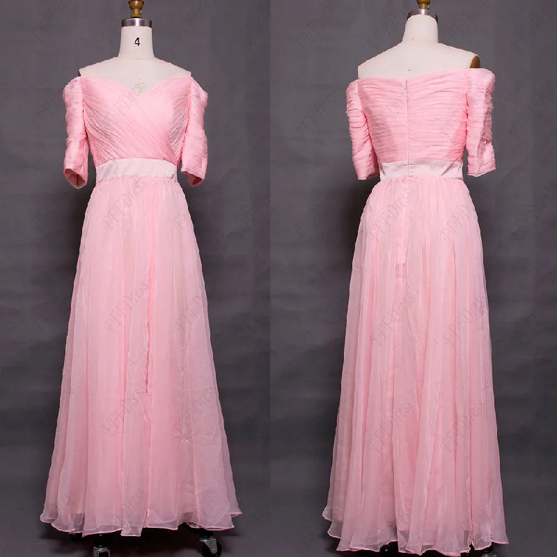 Pink modest prom dress with sleeves vintage off the shoulder evening dress Tunics Fall fleece