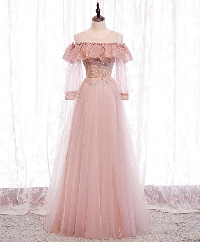 Pink Round Neck Tulle Lace Long Prom Dress Pink Lace Evening Dress Tunics Versatile functional