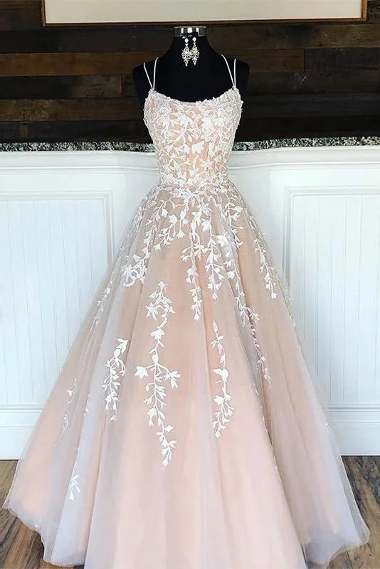 Puffy Spaghetti Straps Floor Length Prom with Appliques Long Evening Dress Tunics Essential wardrobe