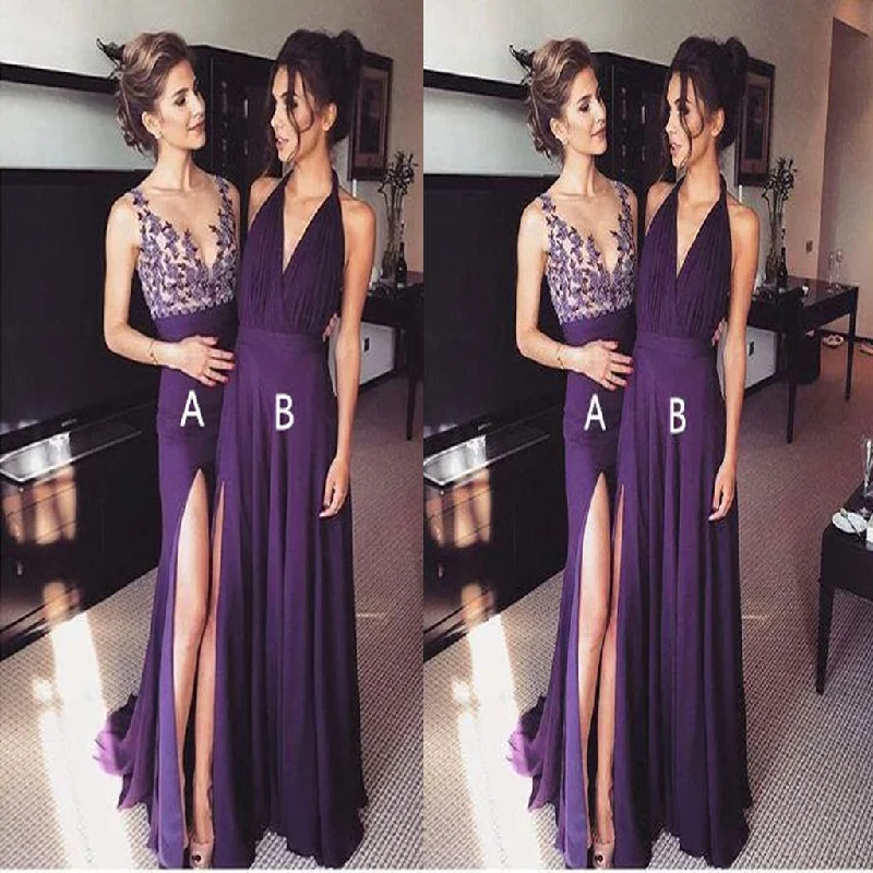 Purple Chiffon Side Slit Long Evening Prom Dresses, bridesmaid dresses,Wedding Party Dresses,WGY0126 Tunics Satin smooth