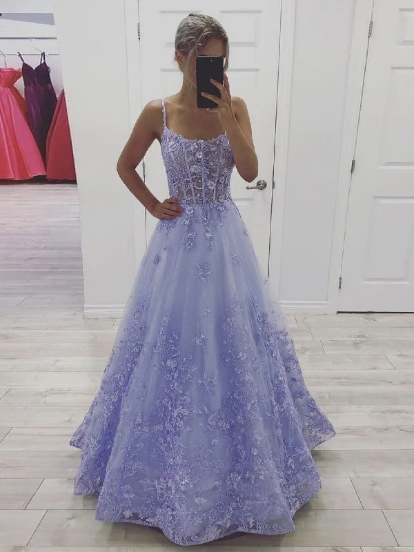 Purple lace A line tulle long prom dress, purple evening dress Tunics Fall fleece