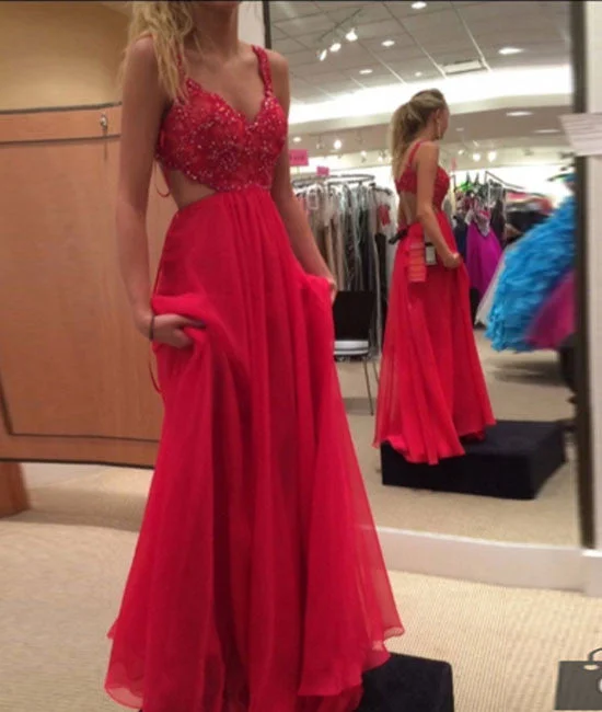 Red A-line chiffon lace long prom dress, red evening dress Tunics Business professional