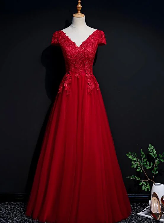 Red Tulle Cap Sleeves Long Prom Dress 2020, A-line Party Dress Tunics Yoga stretchy