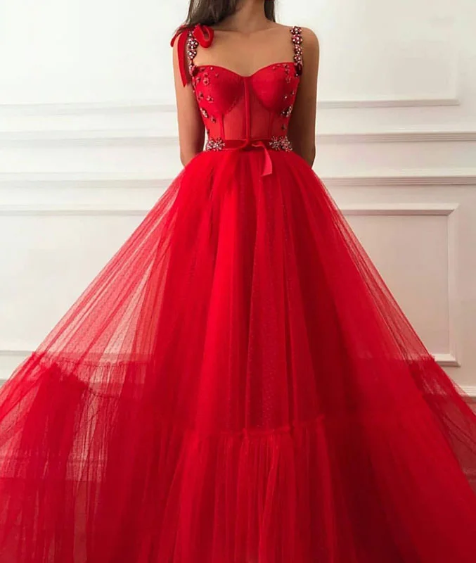 Red tulle sweetheart long prom dress, red tulle evening dress Tunics New arrival