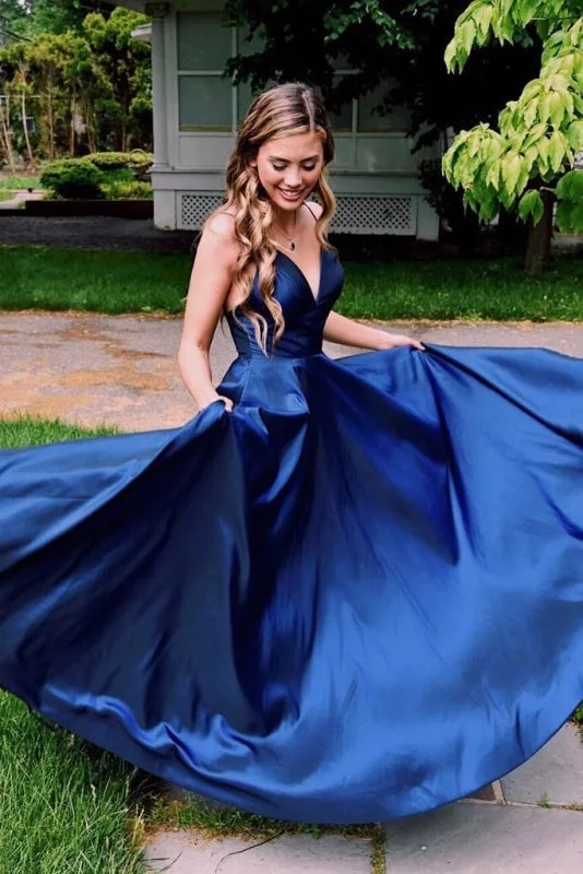 Royal Blue Simple V Neck Satin Prom A Line Spaghetti Straps Long Evening Dress Glittery Long Formal