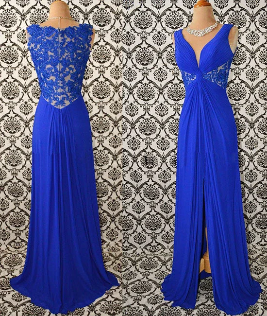 Royal blue v neck chiffon lace long prom dress, evening dress Turtleneck Warm Winter