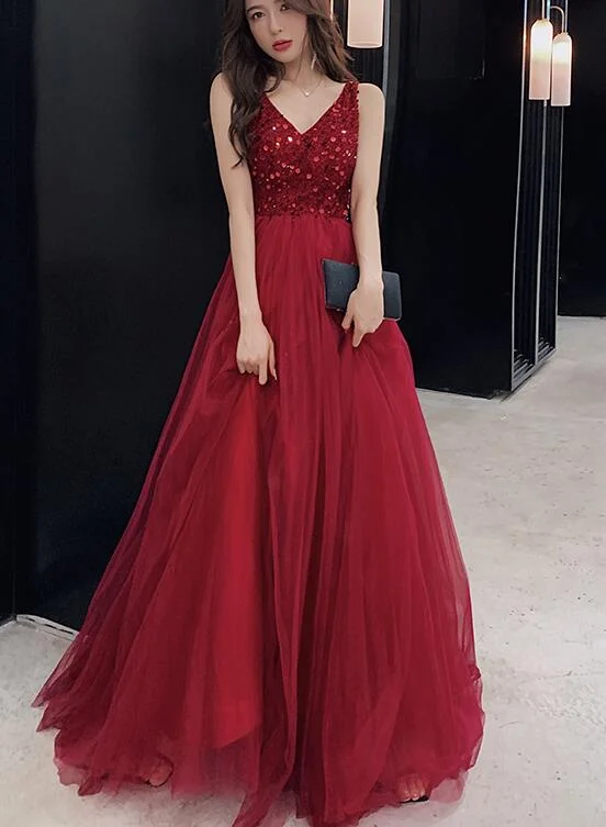 Sexy V-neckline Wine Red Tulle Floor Length Party Dress, Red Formal Gown Tunics Gym athletic