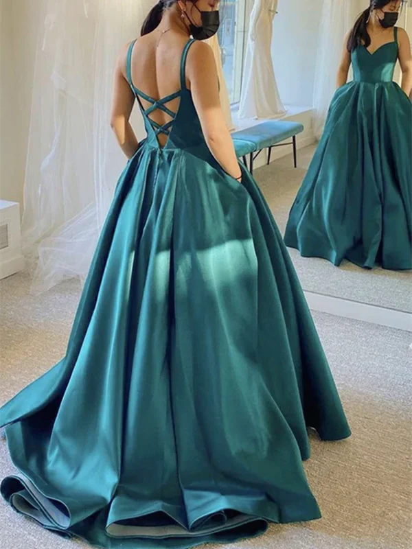 Simple A Line V Neck Emerald Green Satin Long Prom Dresses, Long Green Formal Evening Dresses Tunics Brand named