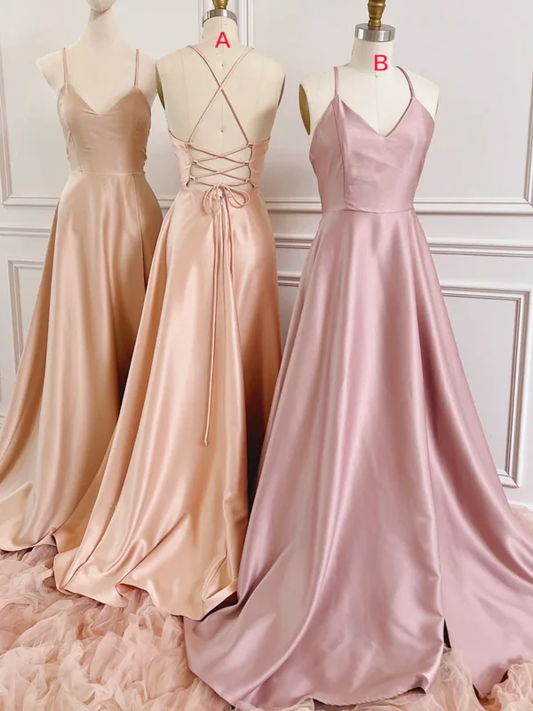 Simple A Line V Neck Satin Long Prom Evening Dresses Mermaid Tail Wedding