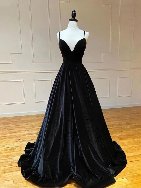 Simple Black velvet long prom dress, black evening dress Tunics Vintage classic