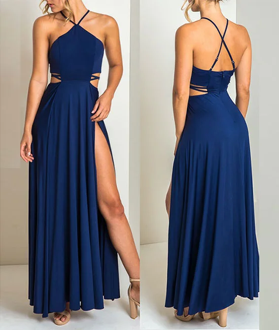 Simple blue chiffon long prom dress, blue chiffon evening dress Tunics Luxurious premium