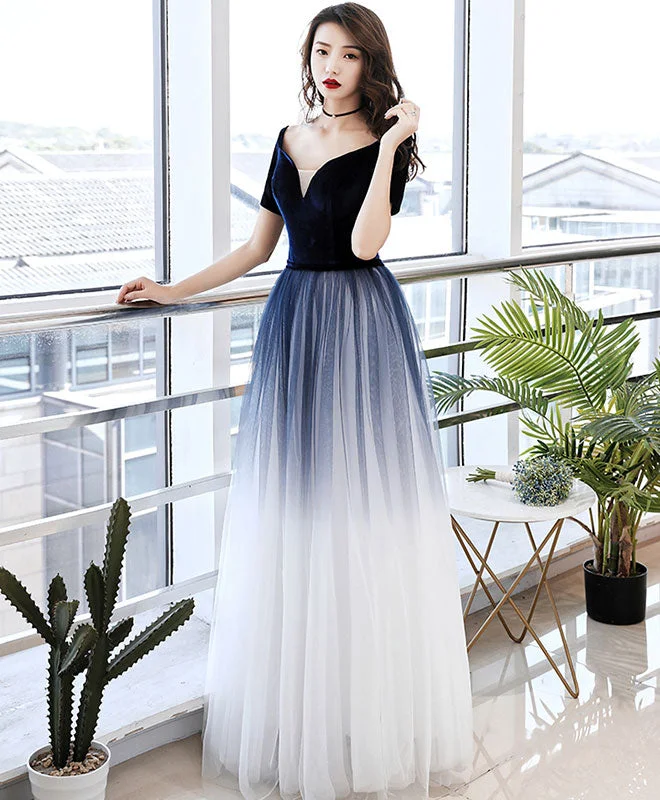 Simple Blue Tulle Long Prom Dress Blue Tulle Evening Dress Tunics Silk luxurious