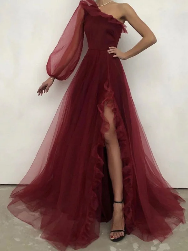 Simple burgundy one shoulder long prom dress, burgundy evening dress Tunics Custom made