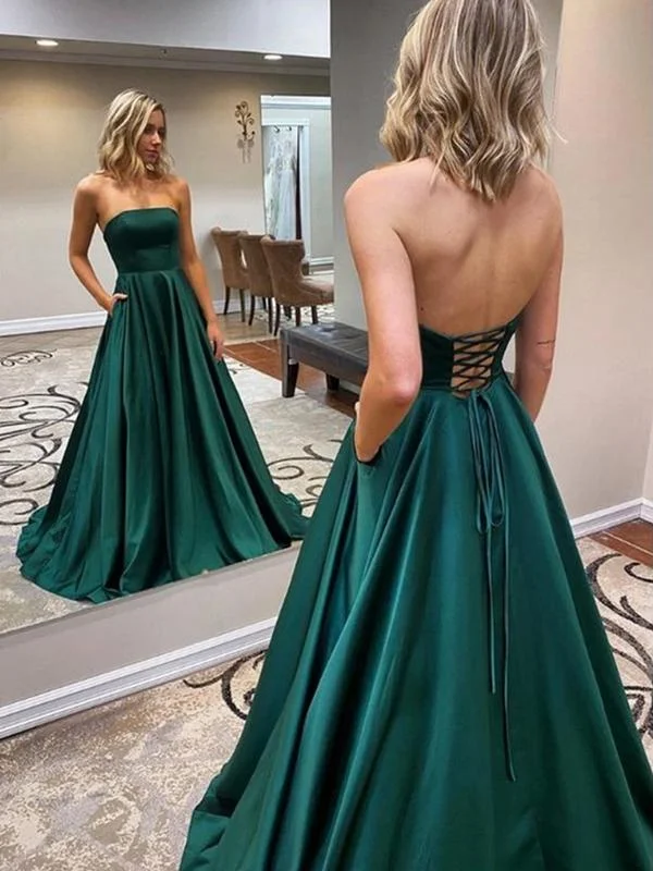 Simple green satin long prom dress, green A line evening dress Tunics Spring floral