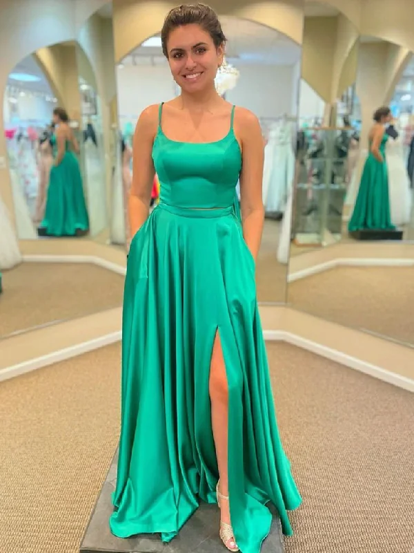 Simple Open Back Green Satin Long Prom Dresses with High Slit, Long Green Formal Graduation Evening Dresses Tunics Versatile functional