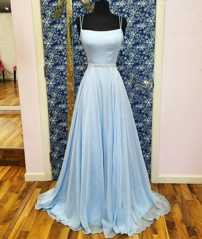 Simple satin blue long prom dress, blue evening dress Tunics Leisure comfortable