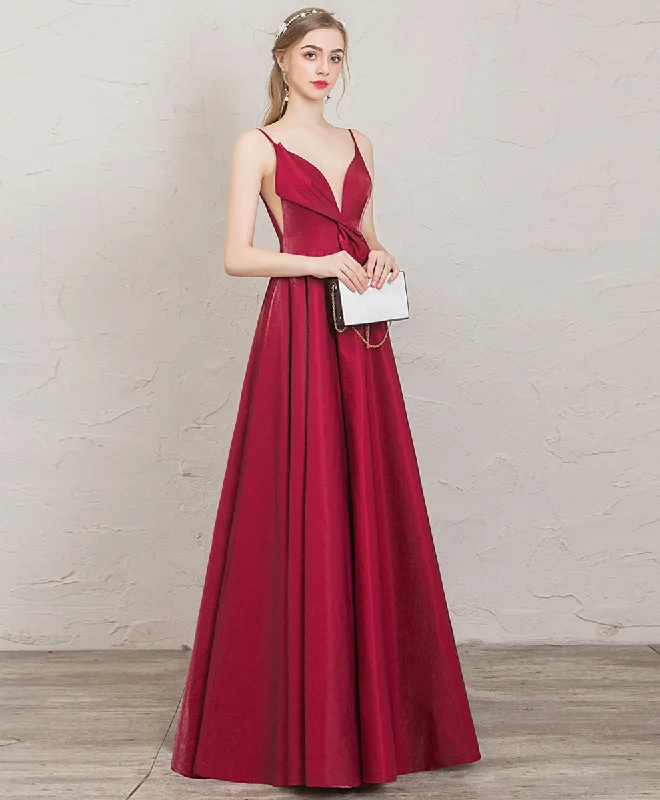 Simple V Neck A Line Satin Long Prom Dress Red Evening Dress Tunics Travel practical