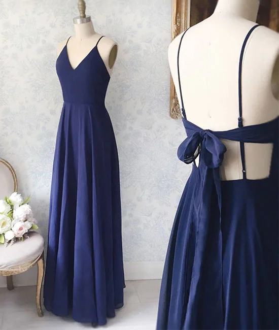 Simple v neck blue long prom dress, blue evening dress Tunics Stylish elegant