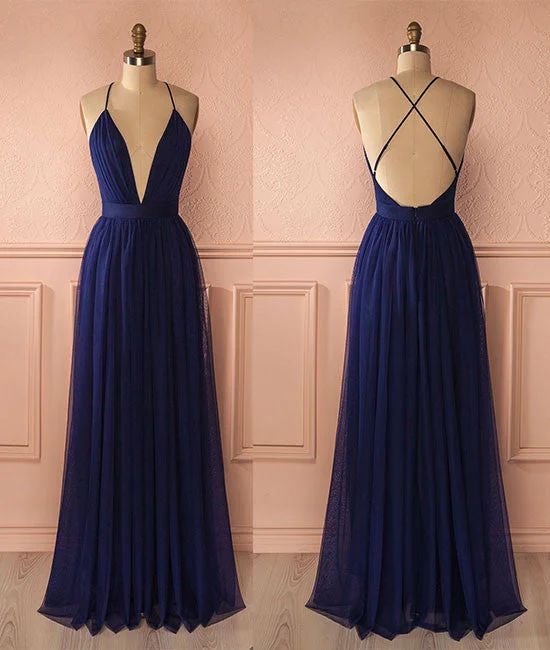 Simple v neck dark blue tulle long prom dress, evening dress Crew Neckline Sporty