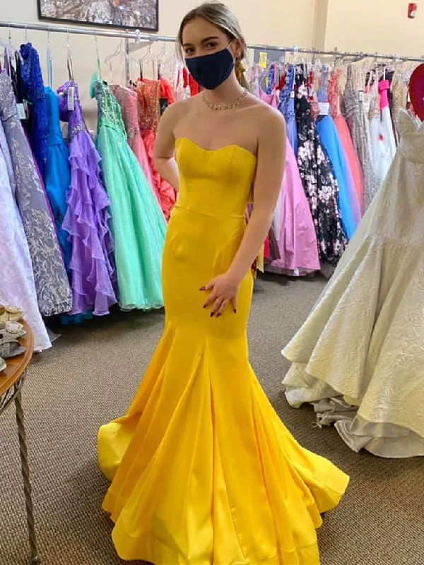 Strapless Mermaid Yellow Satin Long Prom Dresses, Mermaid Yellow Formal Graduation Evening Dresses Tunics Handmade artisanal