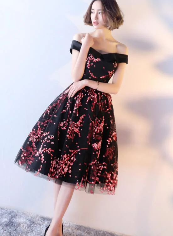 Stylish Black Off Shoulder Party Dress, Beautiful Floral Prom Dress Tunics Party sparkling