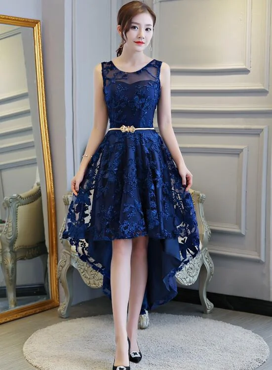 Stylish High Low Lace Navy Blue Party Dress, Bridesmaid Dress Tunics Chic fashionable