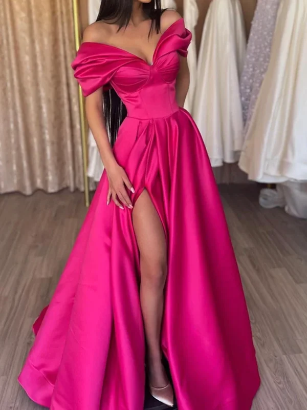 Stylish Off Shoulder Pink Long Prom Dresses, Stylish Off Shoulder Pink Long Formal Evening Dresses Pencil Length Work