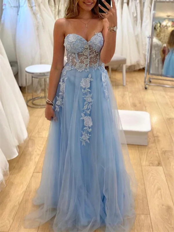 Sweetheart Neck Blue Tulle Lace Floral  Long Prom Dresses, Sweetheart Neck Blue Tulle Lace Long Formal Evening Dresses Tunics Cozy comfortable