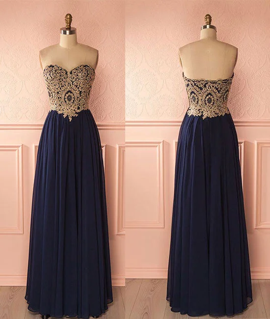 Sweetheart neck lace dark blue long prom dress, evening dress Tunics stripes playful